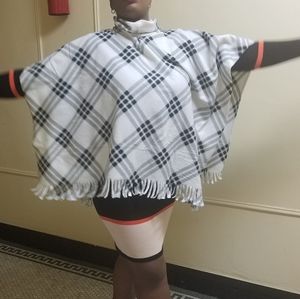 Black And White Plaid Fleece Fringed Poncho